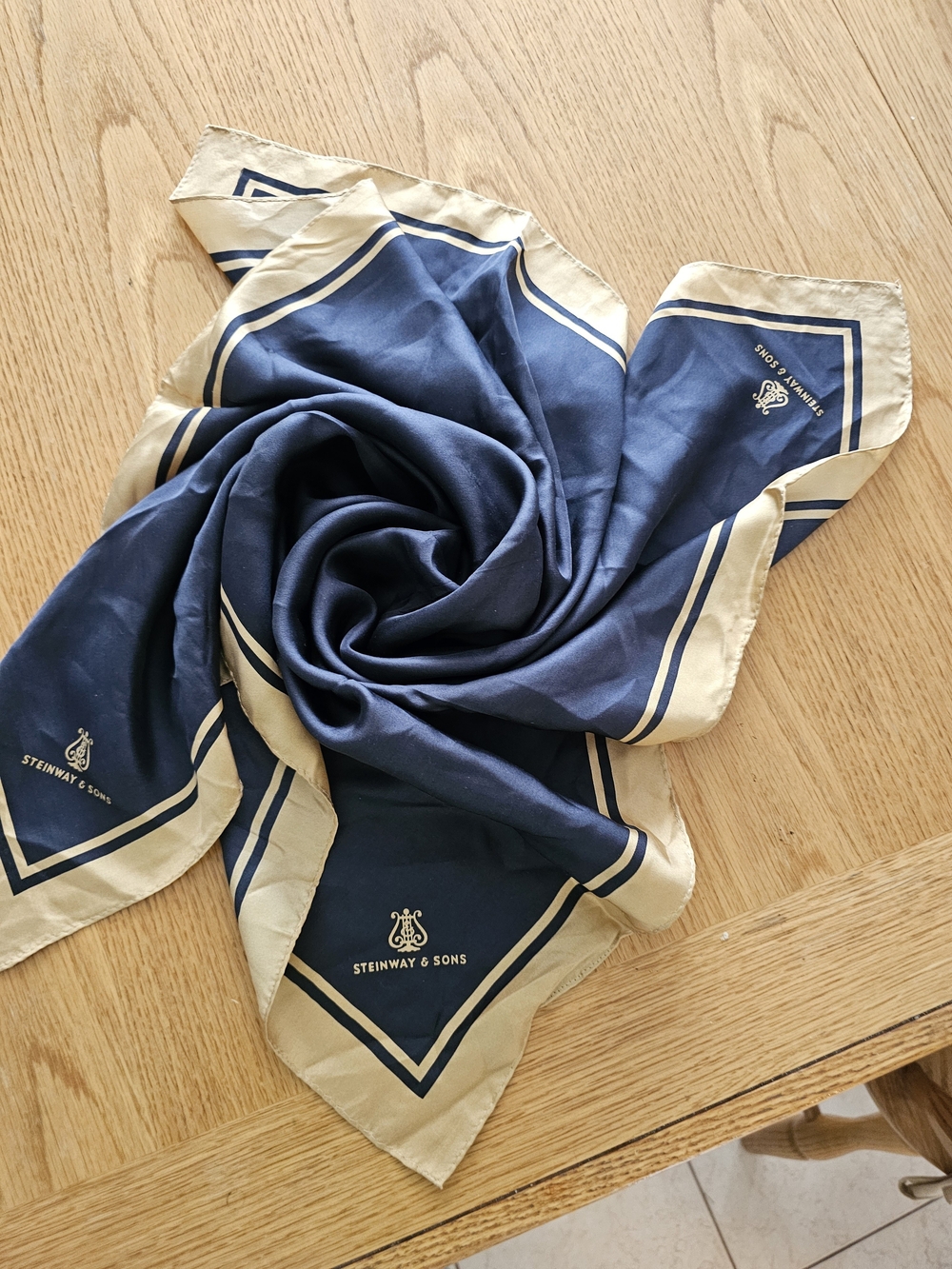 Vintage Steinway & Sons 100% Silk Scarf Navy Blue Gold Lyre Logo Made in Korea